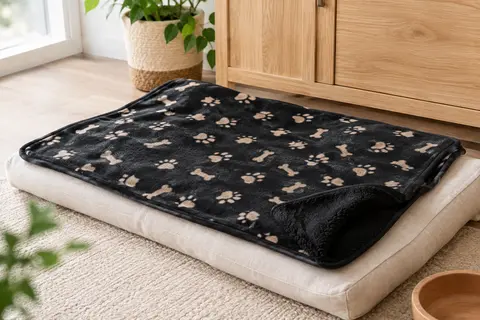Couverture doublée en polaire noire à motif animal, étendue sur un coussin clair dans un intérieur lumineux.