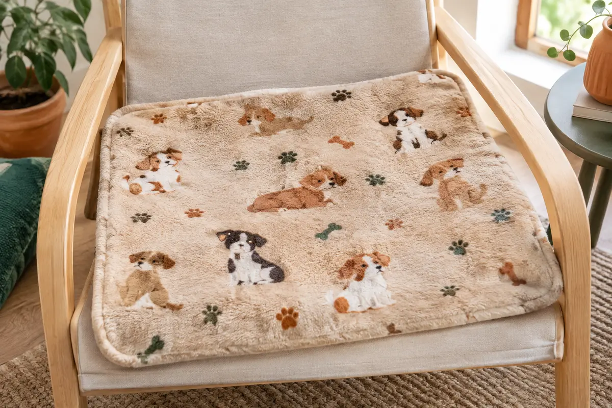 Couverture Trixie Kenny en peluche beige posée sur un fauteuil clair, avec son motif de dessin animé.
