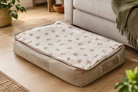 Couverture polaire blanc et beige à motif de pattes et d’os posée sur un panier pour chien