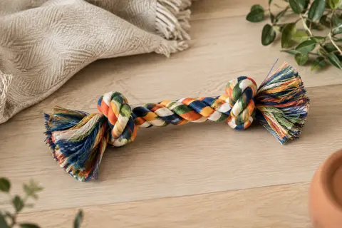 Corde de jeu Trixie en pur coton multicolore, posée sur un sol en bois clair.