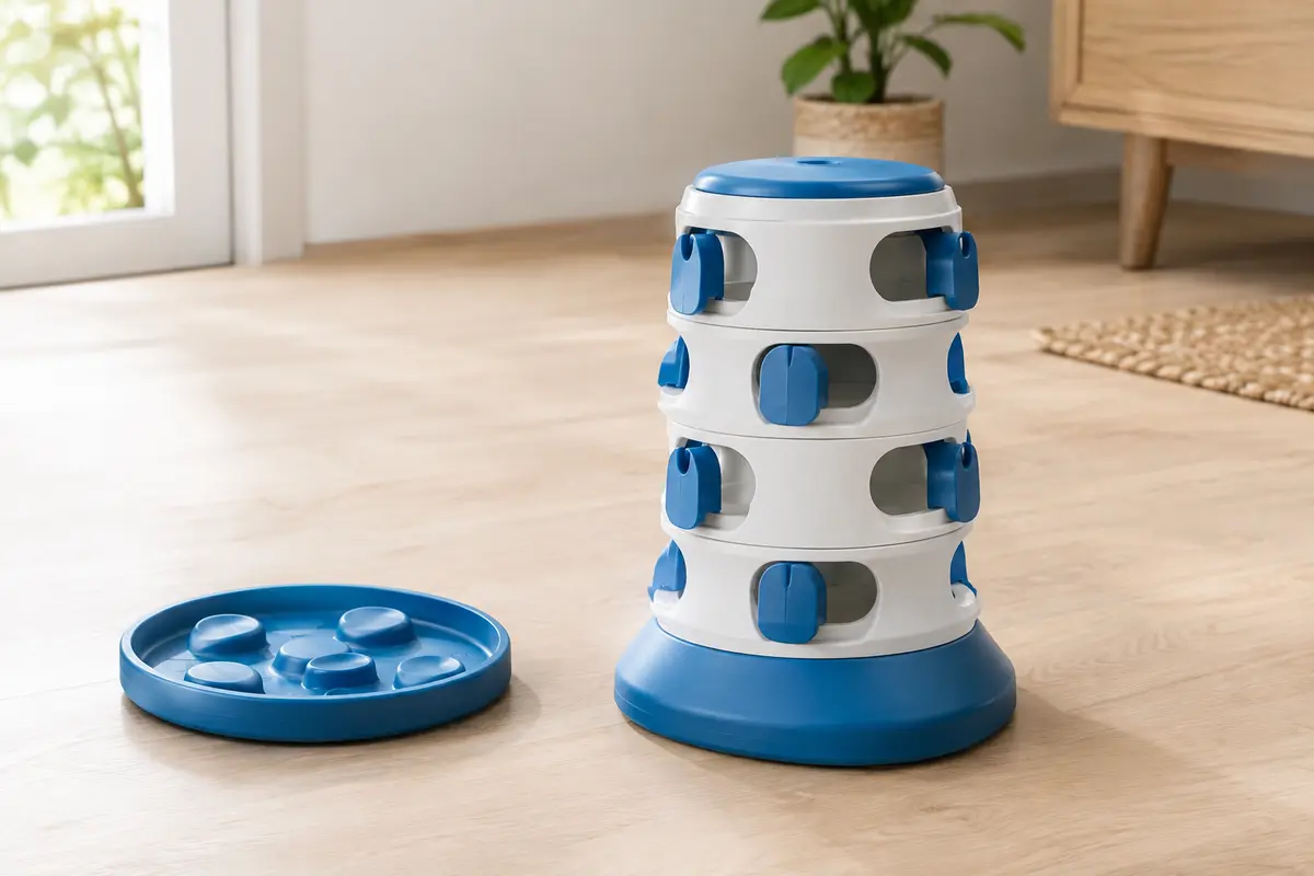 Tour de jeu d’intelligence pour chien en plastique blanc et bleu, présentée dans un intérieur lumineux.