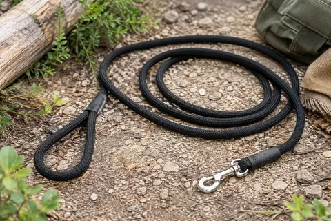 Longe noire en corde ronde pour chien, avec dragonne et fermoir à boulon, posée sur un chemin naturel.