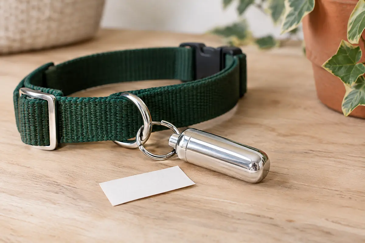 Tube porte-adresse Trixie en métal chromé posé près d’un collier en toile sur du bois clair.