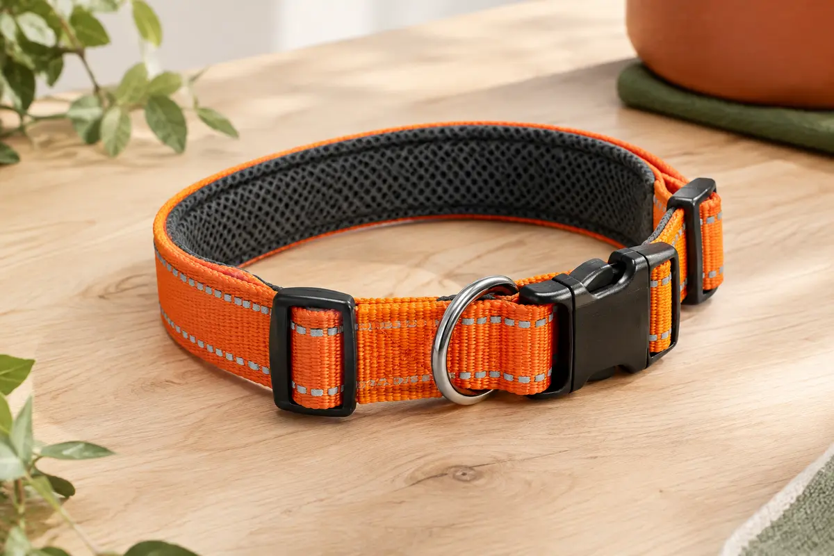 Collier pour chien en nylon orange avec rembourrage en maille, boucle rapide et anneau métallique.