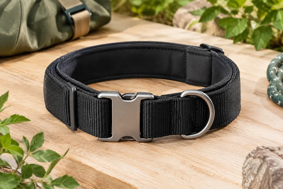 Collier tactique noir en nylon avec doublure souple, boucle métallique et anneau D