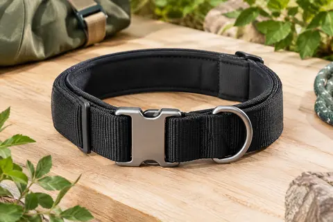 Collier tactique noir en nylon avec doublure souple, boucle métallique et anneau D