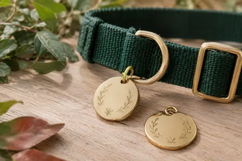 Médaille ronde pour chien en métal poli, présentée avec son attache sur un collier en toile