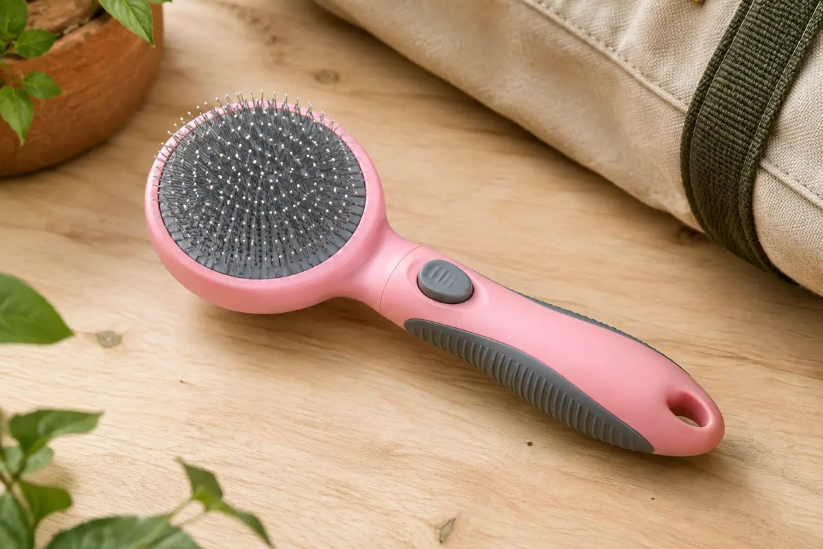 Brosse ronde rose pour chiens et chats avec dents en acier inoxydable et bouton autonettoyant