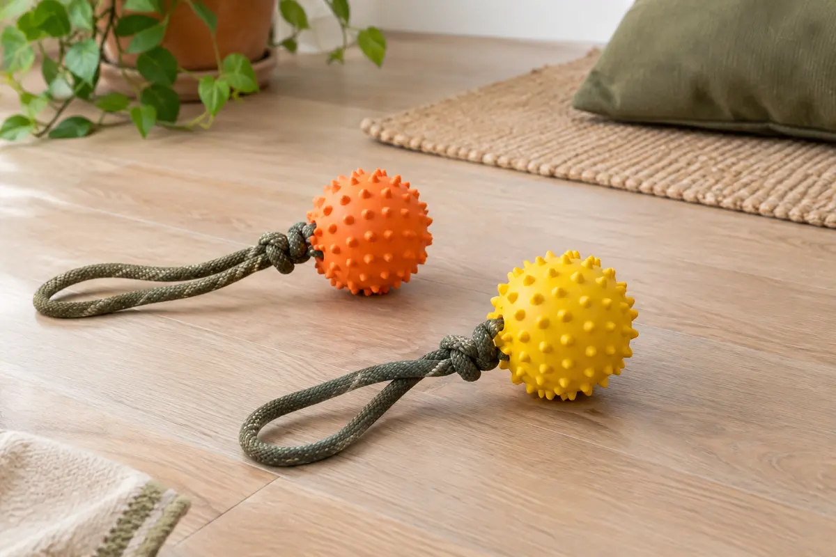 Deux balles pour chien orange et jaune avec corde, en caoutchouc texturé à reliefs