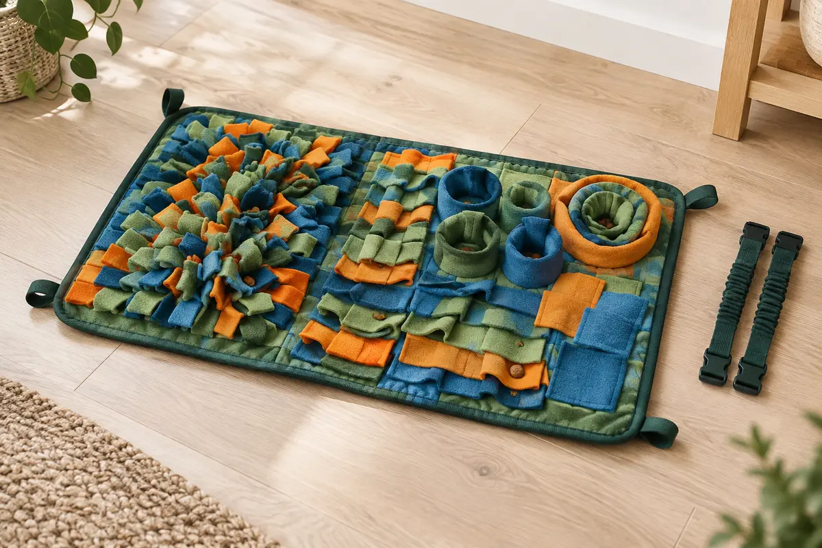 Tapis à renifler Vivifying bleu, vert et orange avec croquettes dissimulées dans ses replis.
