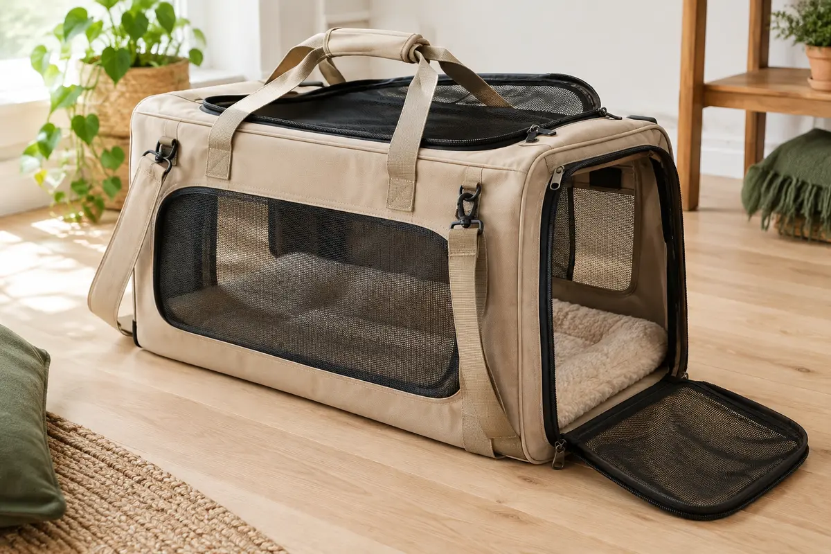 Sac de transport pliable beige avec panneaux en maille, deux ouvertures et tapis intérieur amovible.