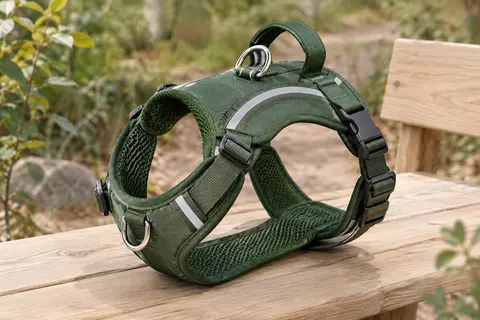 Harnais gilet vert pour chien avec sangles réglables, anneaux métalliques et bandes réfléchissantes.