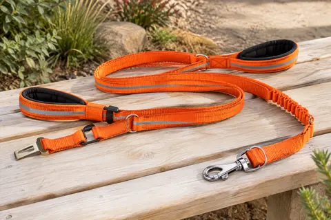 Laisse orange réglable pour chien avec poignées rembourrées, bandes réfléchissantes et mousqueton métallique.