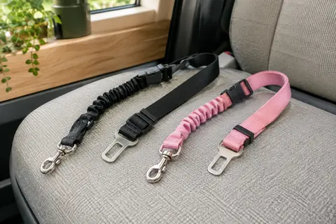 Deux ceintures de sécurité réglables pour chien, avec sangles noir et rose et attaches métalliques