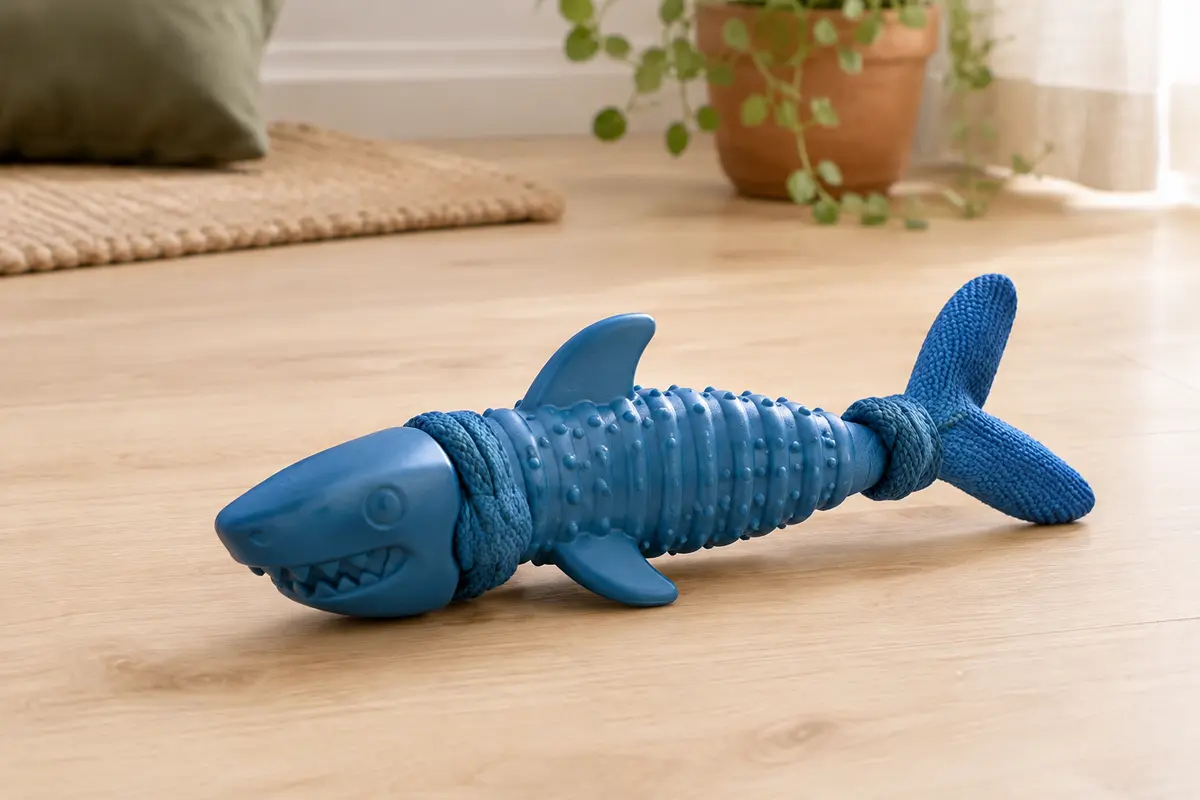 Jouet bleu en forme de requin, avec extrémités en nylon et partie centrale en caoutchouc naturel.