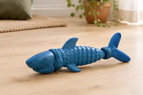 Jouet bleu en forme de requin, avec extrémités en nylon et partie centrale en caoutchouc naturel.