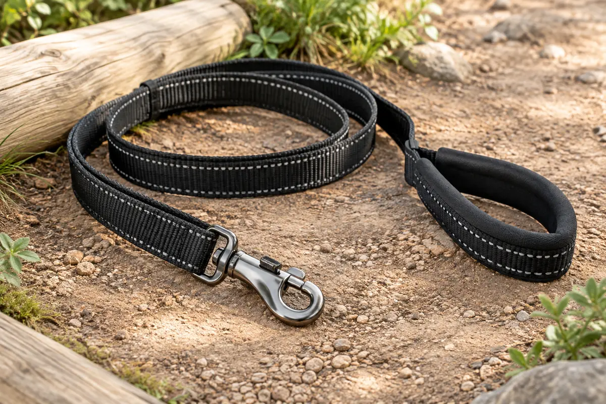 Longe noire pour chien de 3 m avec poignée rembourrée, mousqueton pivotant et coutures réfléchissantes