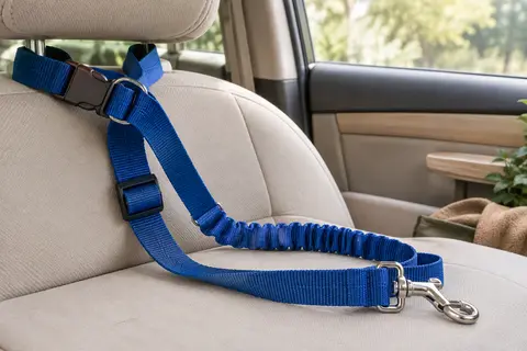 Ceinture de sécurité bleue pour chien avec sangle élastique et mousqueton pivotant
