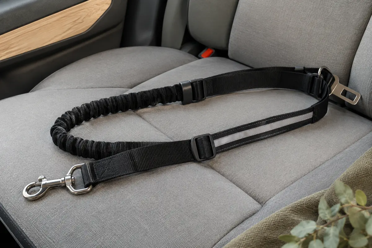 Ceinture de sécurité noire pour chien avec sangle élastique, bande réfléchissante et attaches métalliques.