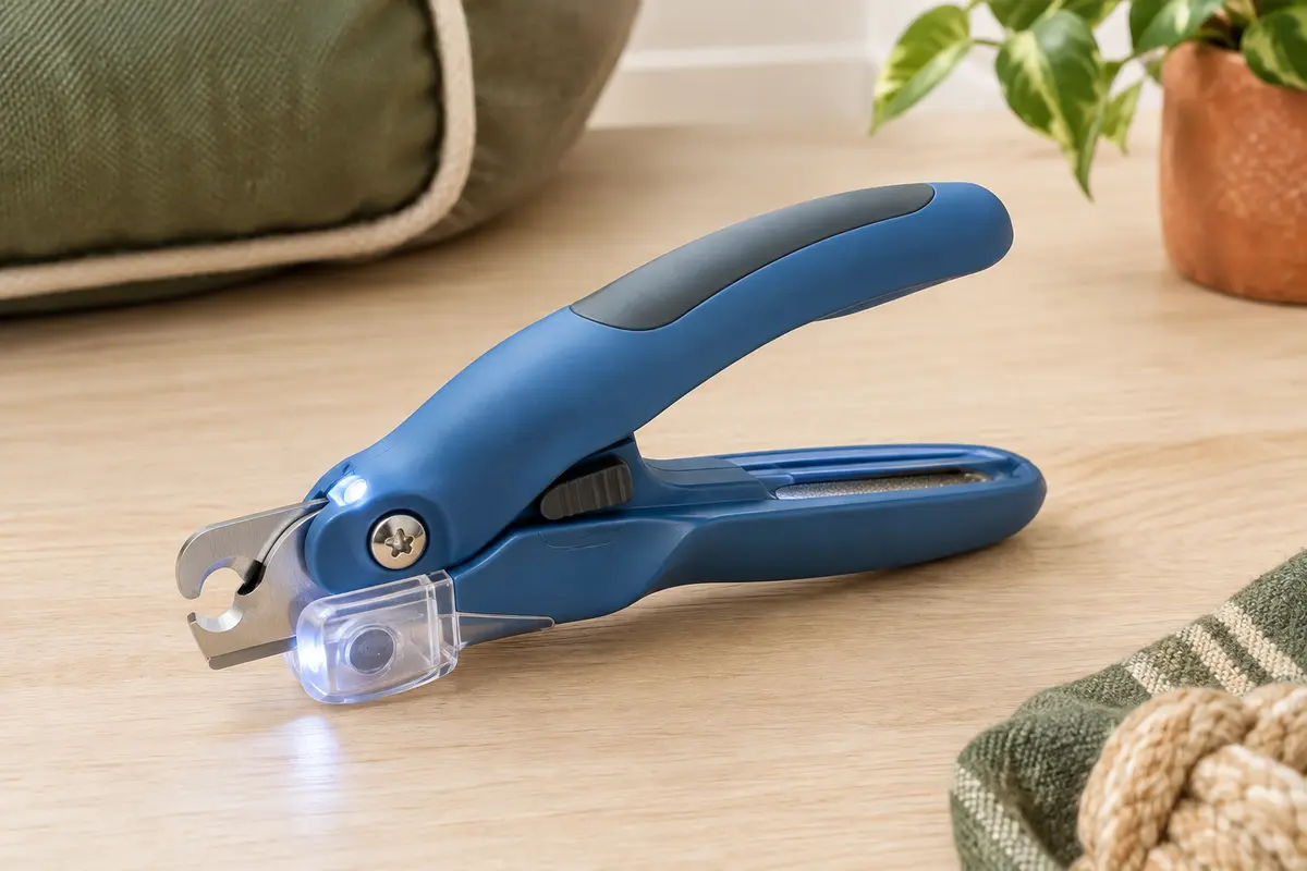Coupe-griffes bleu pour chien et chat avec LED, récupérateur transparent et lime intégrée rechargeable