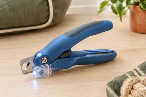 Coupe-griffes bleu pour chien et chat avec LED, récupérateur transparent et lime intégrée rechargeable