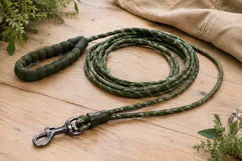 Longe pour chien vert olive en nylon avec poignée en EVA et mousqueton verrouillable