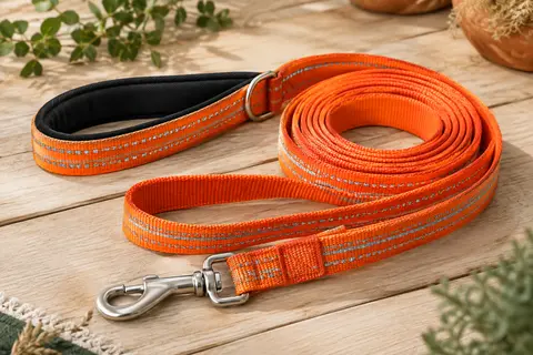 Longe orange de 10 m pour chien avec poignée rembourrée, bandes réfléchissantes et mousqueton pivotant