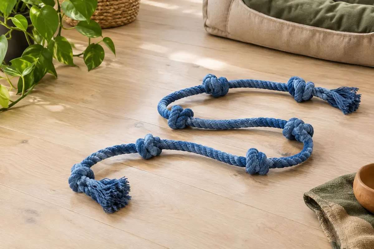 Corde de jouet pour chien en coton bleu, longue de 100 cm et composée de six nœuds