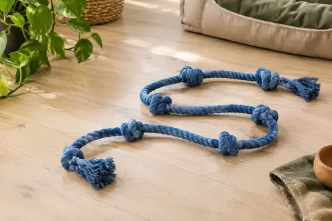 Corde de jouet pour chien en coton bleu, longue de 100 cm et composée de six nœuds