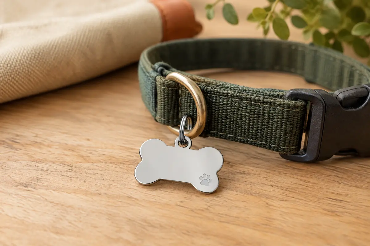 Médaille d’identification en acier inoxydable en forme d’os, fixée à un collier par un anneau