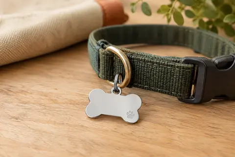 Médaille d’identification en acier inoxydable en forme d’os, fixée à un collier par un anneau