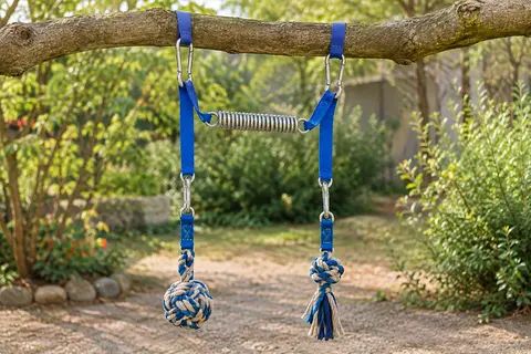 Jouet suspendu pour chien avec corde bleue, ressort métallique, mousquetons et deux jouets en corde