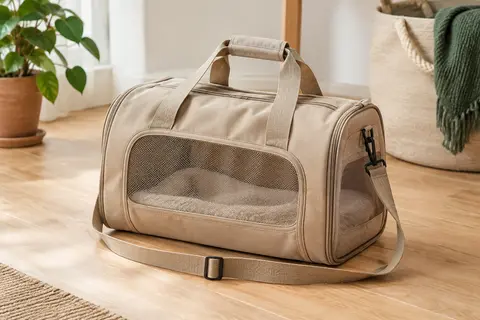 Sac de transport beige pliable avec bandoulière réglable et matelas en peluche amovible