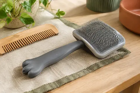 Brosse de toilettage grise à poignée ergonomique et tête rectangulaire pour animaux