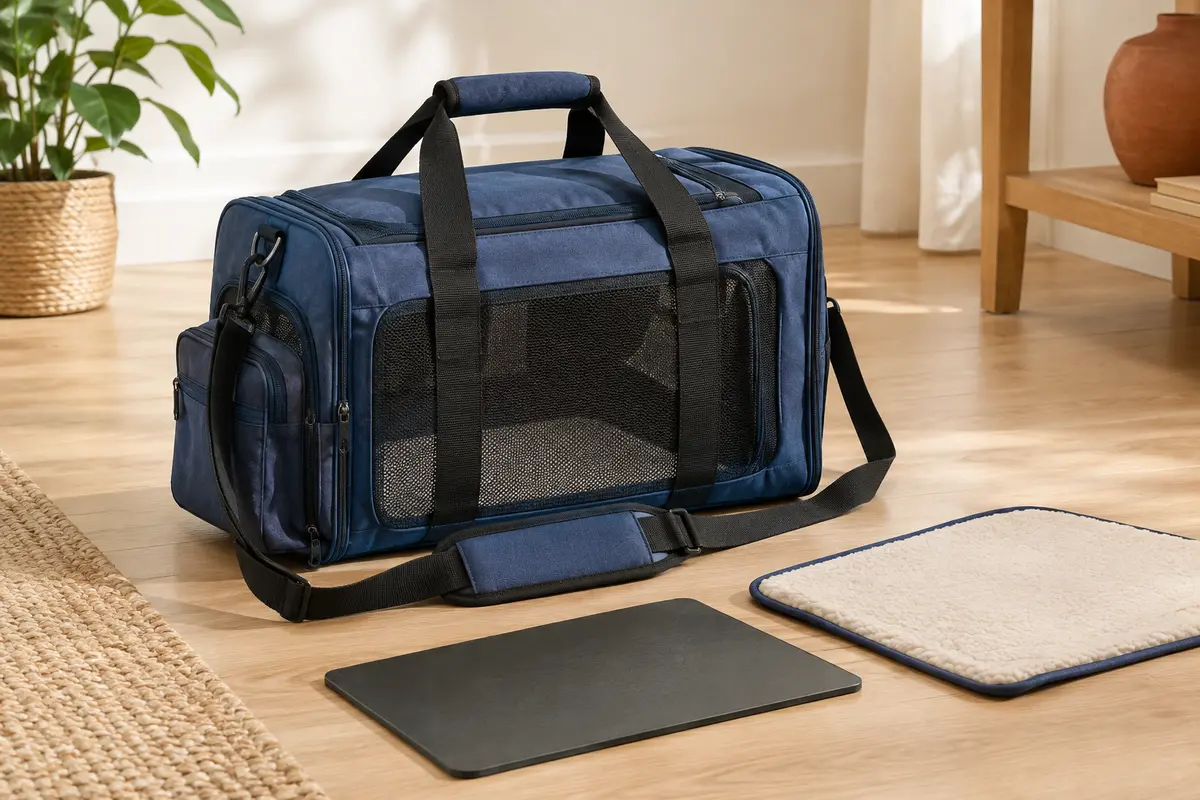 Sac de transport bleu pour petit animal, avec panneaux en maille, poche latérale et bandoulière réglable.