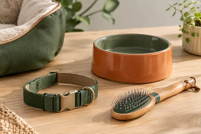Détails d’un collier, d’une brosse et d’une gamelle pour chien dans un intérieur lumineux