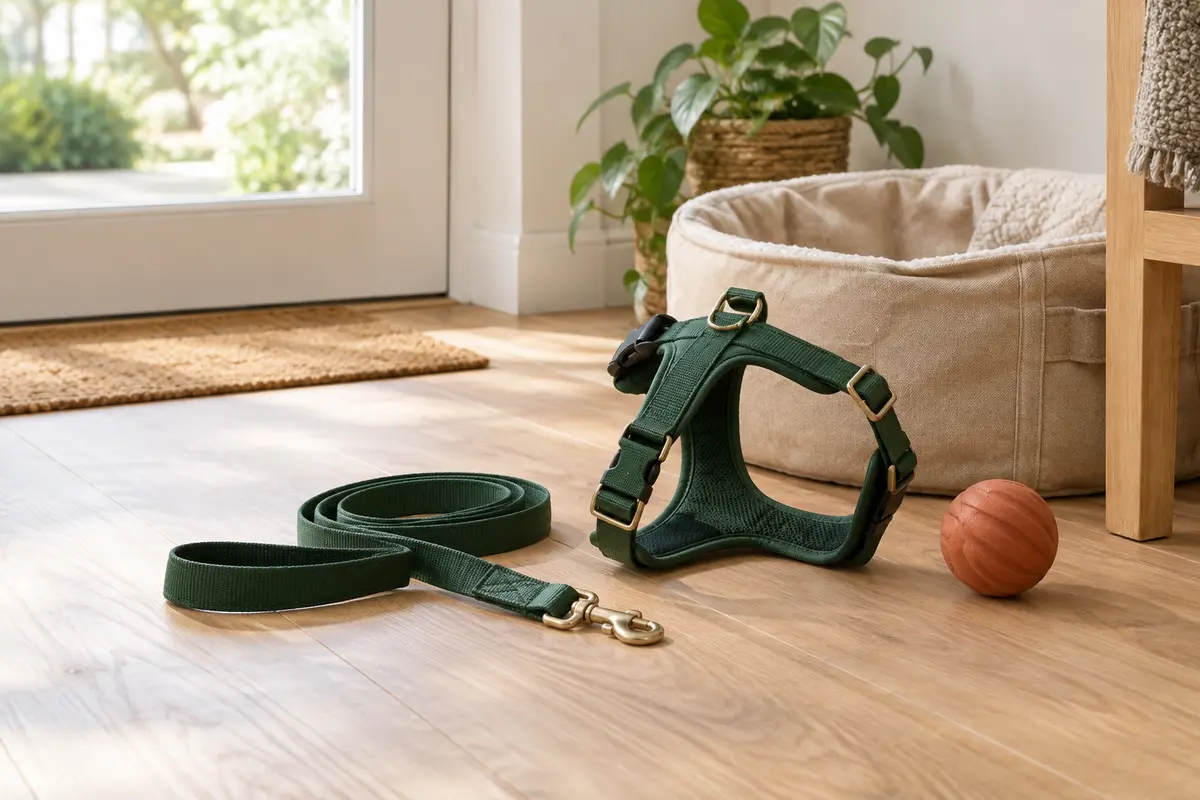 Harnais, laisse et accessoires pour chien disposés dans une entrée lumineuse aux tons naturels